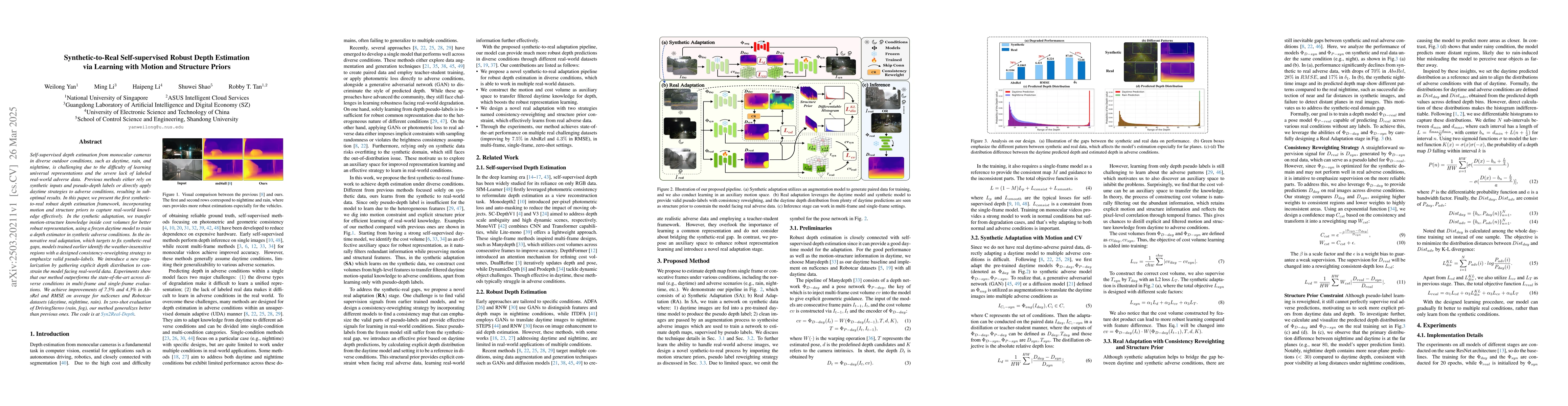 Thumbnail for Synthetic-to-Real Self-supervised Robust Depth Estimation via Learning
  with Motion and Structure Priors