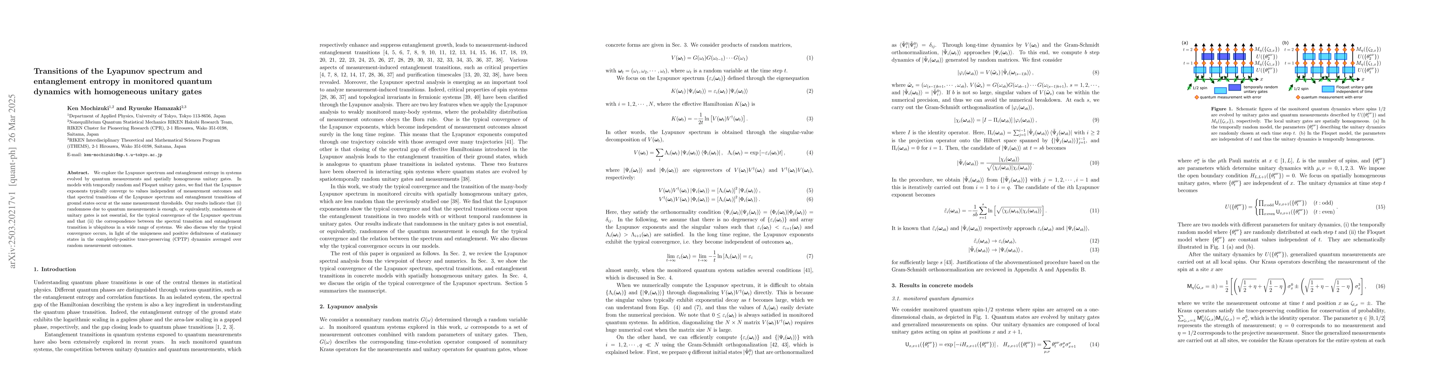 Thumbnail for Transitions of the Lyapunov spectrum and entanglement entropy in
  monitored quantum dynamics with homogeneous unitary gates