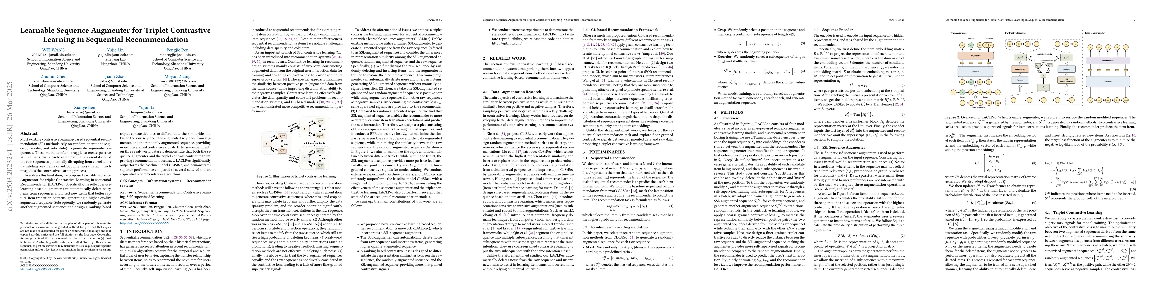 Thumbnail for Learnable Sequence Augmenter for Triplet Contrastive Learning in
  Sequential Recommendation