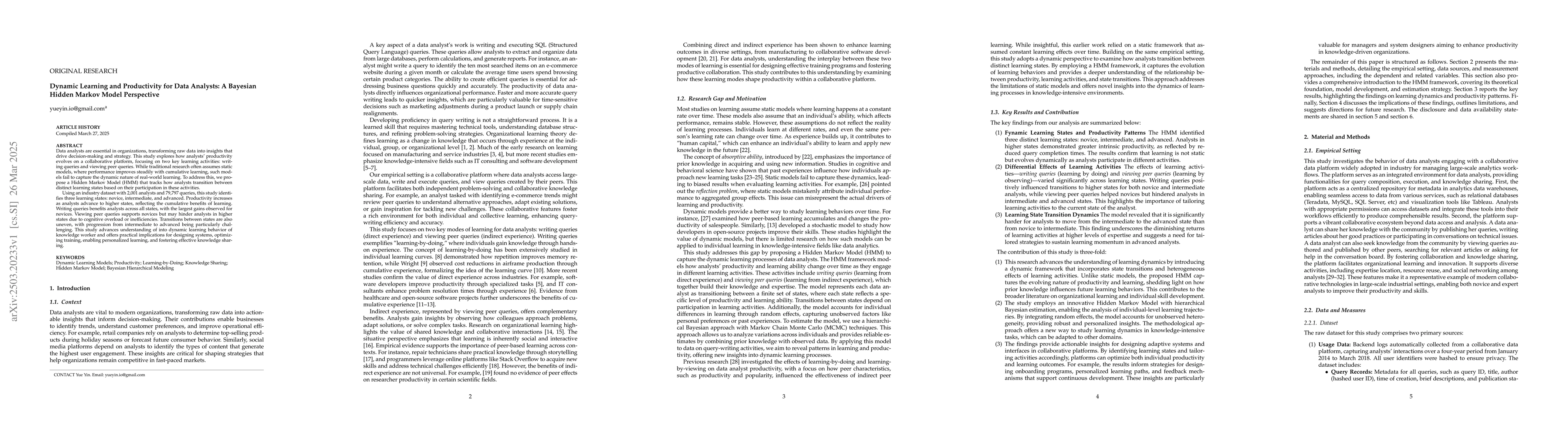Thumbnail for Dynamic Learning and Productivity for Data Analysts: A Bayesian Hidden
  Markov Model Perspective