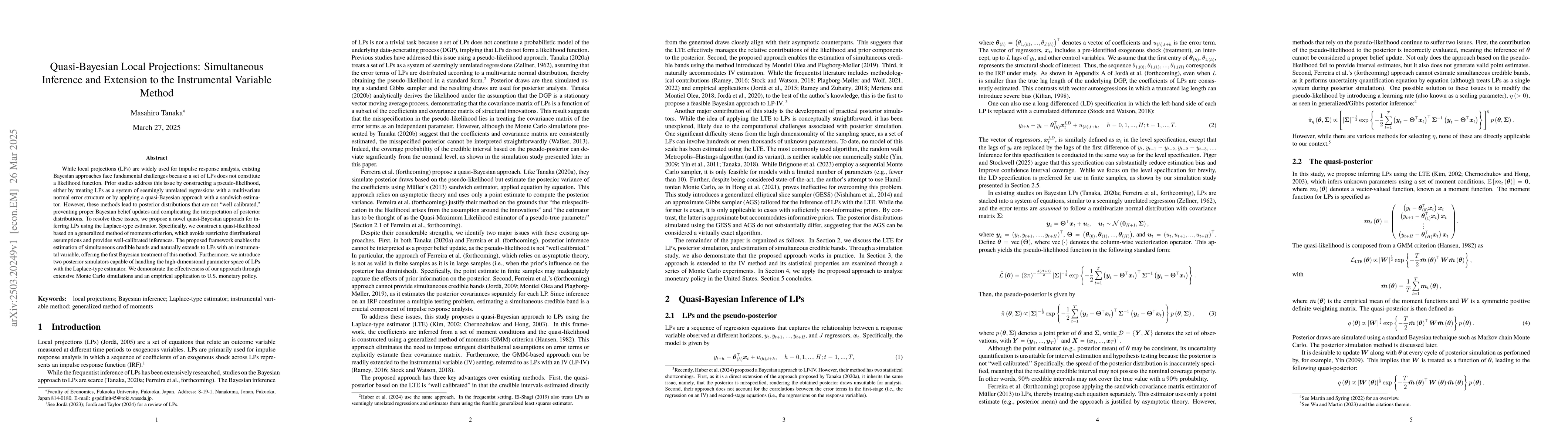 Thumbnail for Quasi-Bayesian Local Projections: Simultaneous Inference and Extension
  to the Instrumental Variable Method