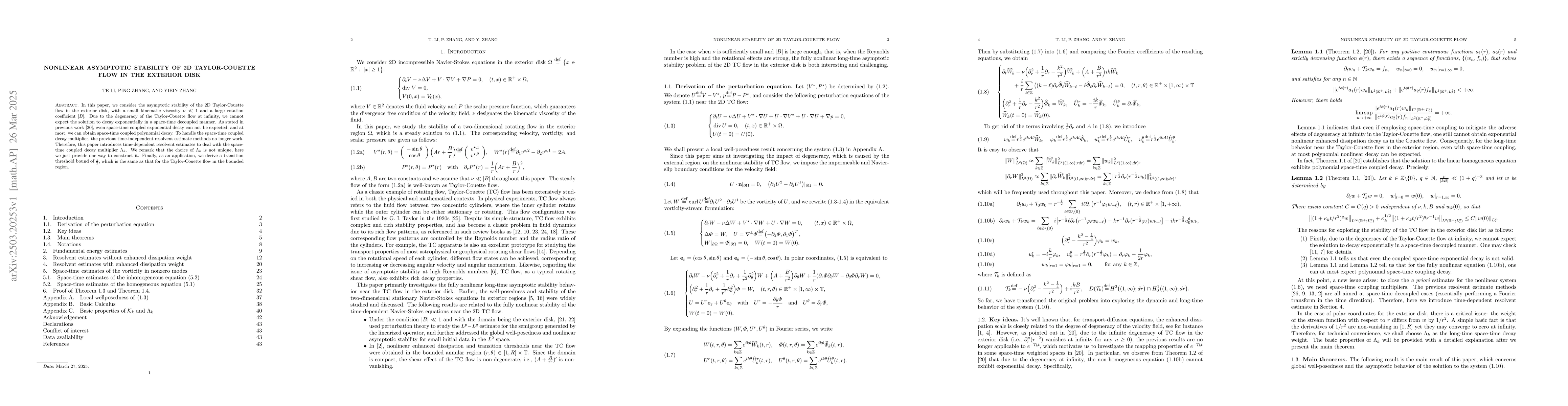 Thumbnail for Nonlinear asymptotic stability of 2D Taylor-Couette flow in the exterior
  disk