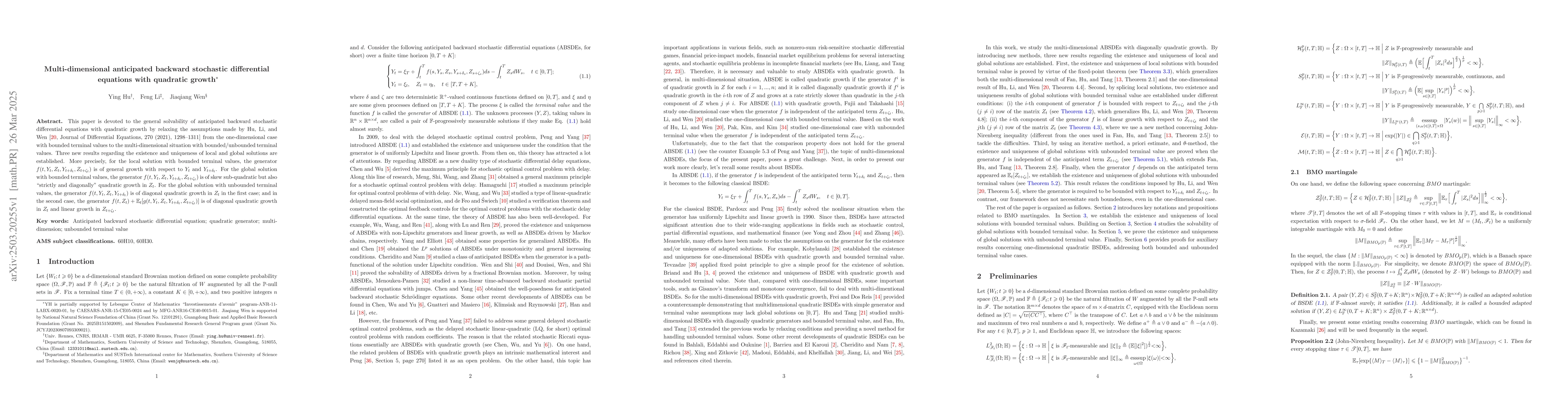 Thumbnail for Multi-dimensional anticipated backward stochastic differential equations
  with quadratic growth