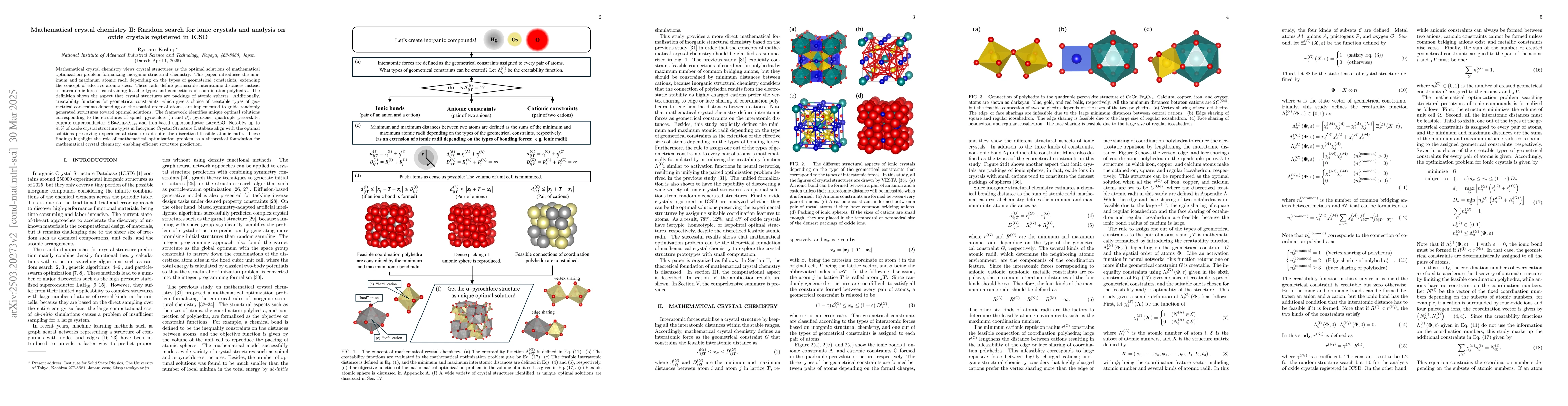 Thumbnail for Mathematical crystal chemistry II: Random search for ionic crystals and
  analysis on oxide crystals registered in ICSD