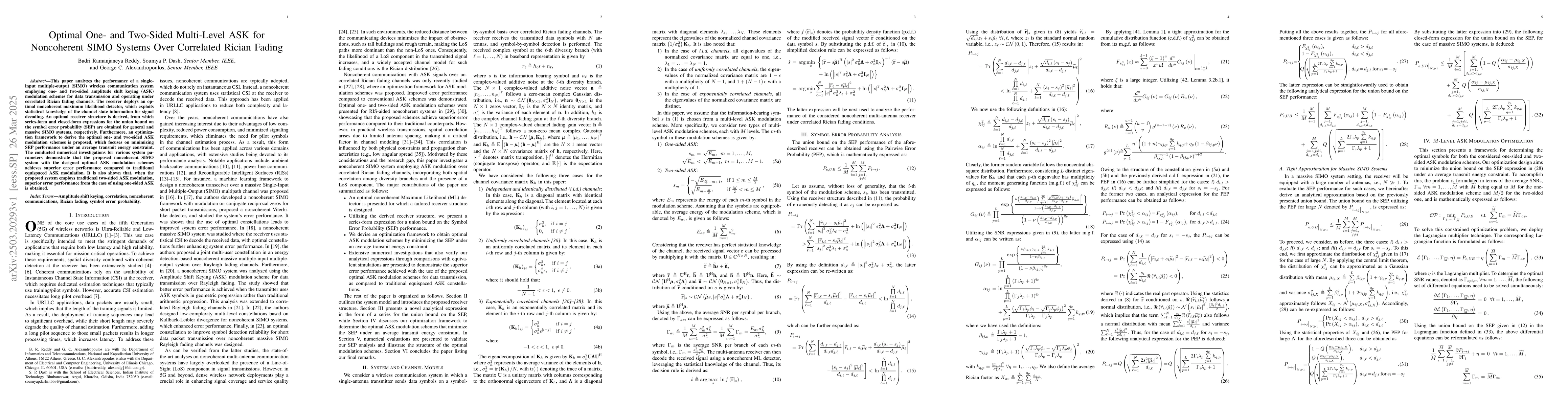 Thumbnail for Optimal One- and Two-Sided Multi-Level ASK for Noncoherent SIMO Systems
  Over Correlated Rician Fading