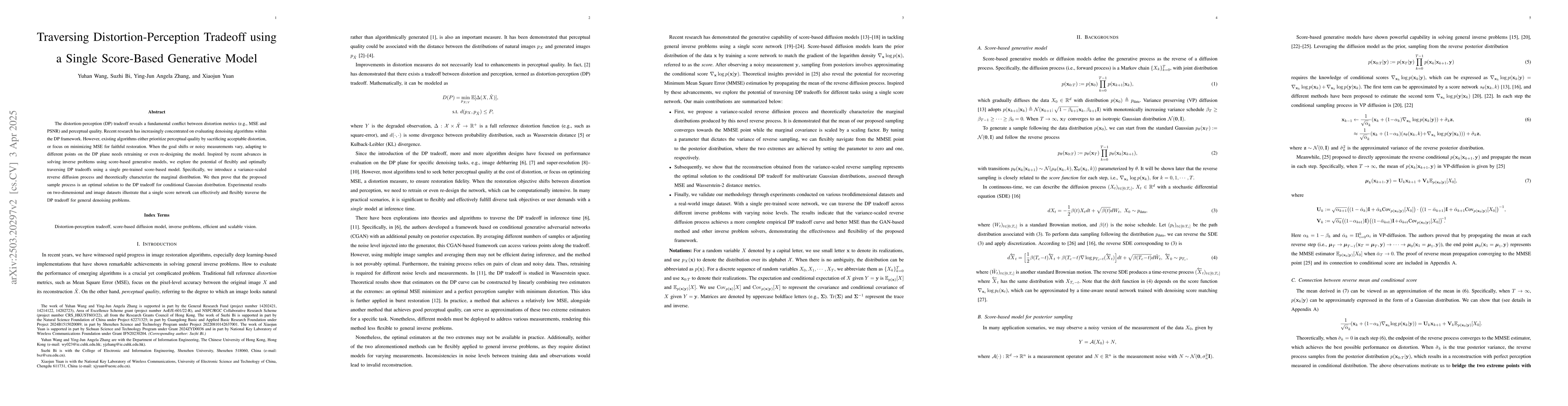 Thumbnail for Traversing Distortion-Perception Tradeoff using a Single Score-Based
  Generative Model