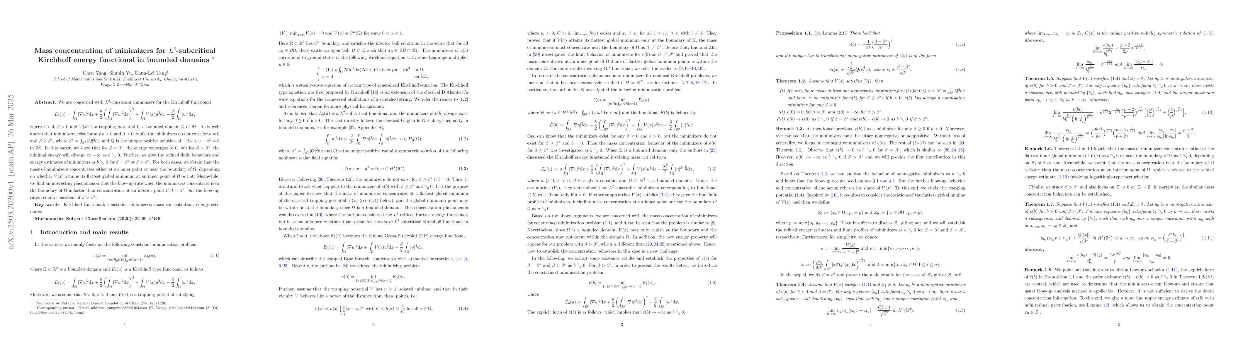 Thumbnail for Mass concentration of minimizers for $L^2$-subcritical Kirchhoff energy
  functional in bounded domains