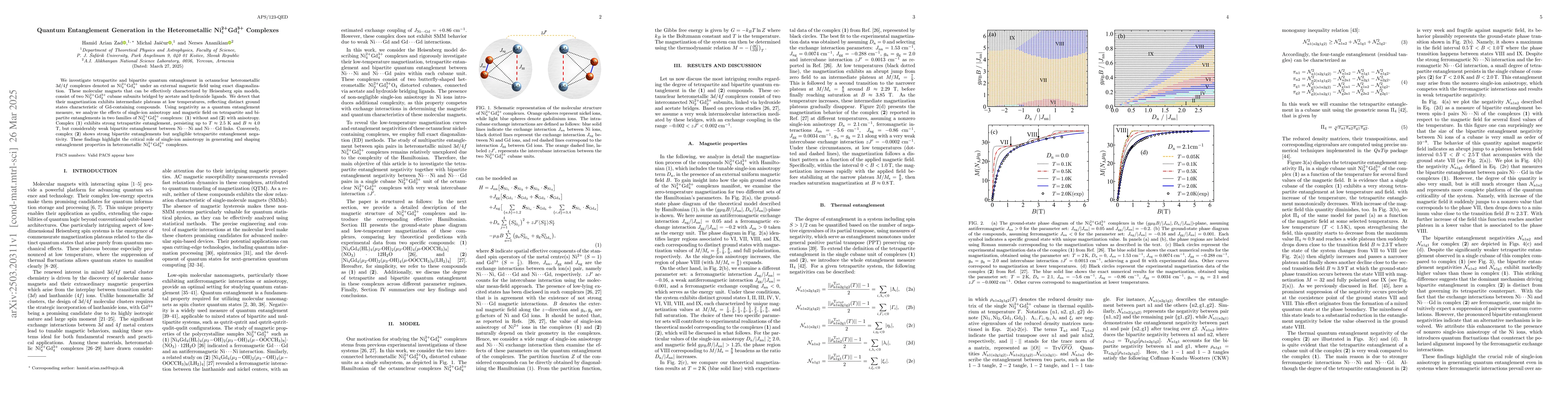 Thumbnail for Quantum Entanglement Generation in the Heterometallic
  Ni$^\text{2+}_4$Gd$_4^\text{3+}$ Complexes