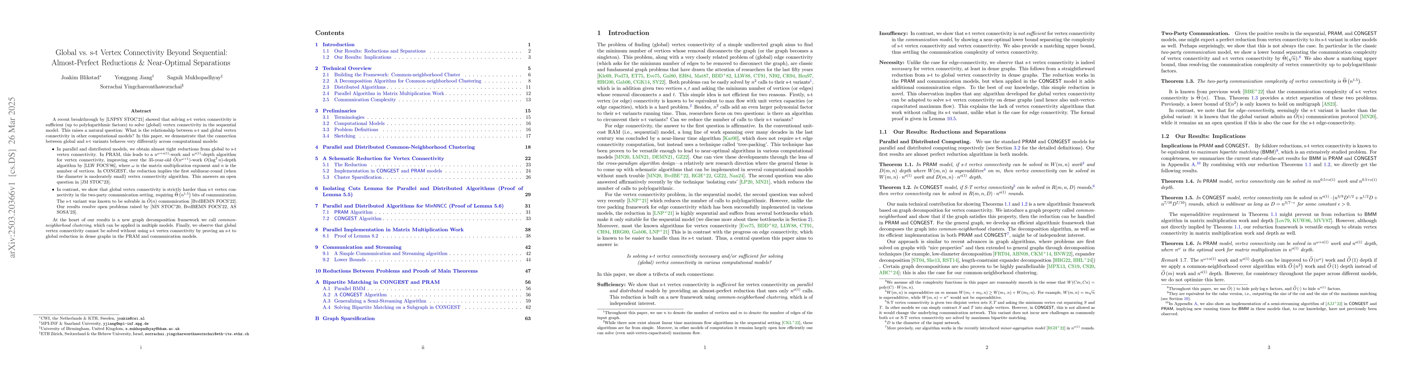 Thumbnail for Global vs. s-t Vertex Connectivity Beyond Sequential: Almost-Perfect
  Reductions & Near-Optimal Separations