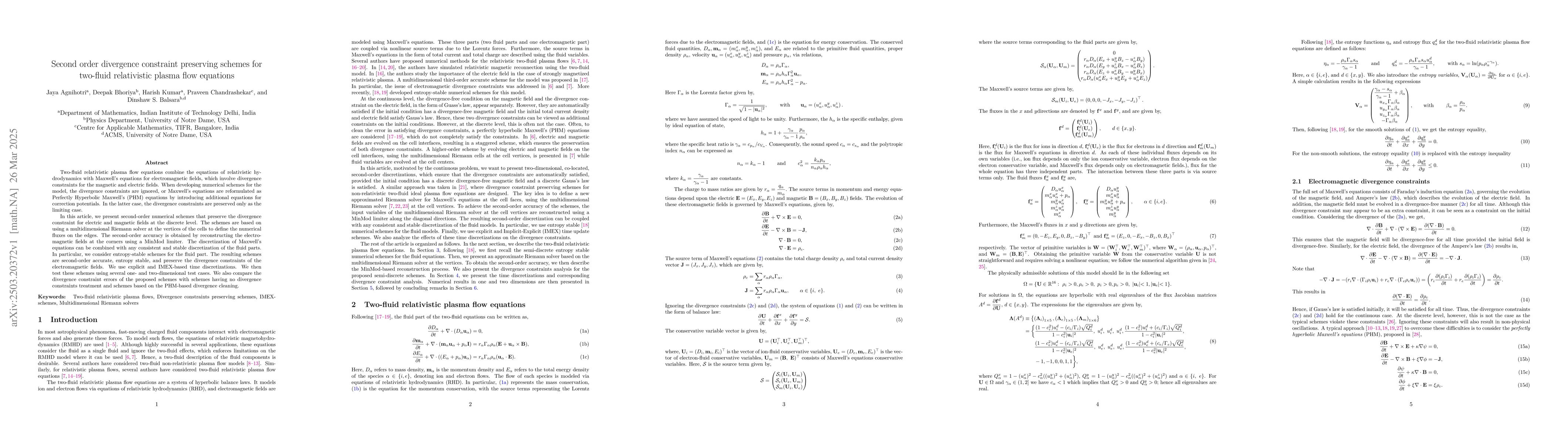 Thumbnail for Second order divergence constraint preserving schemes for two-fluid
  relativistic plasma flow equations