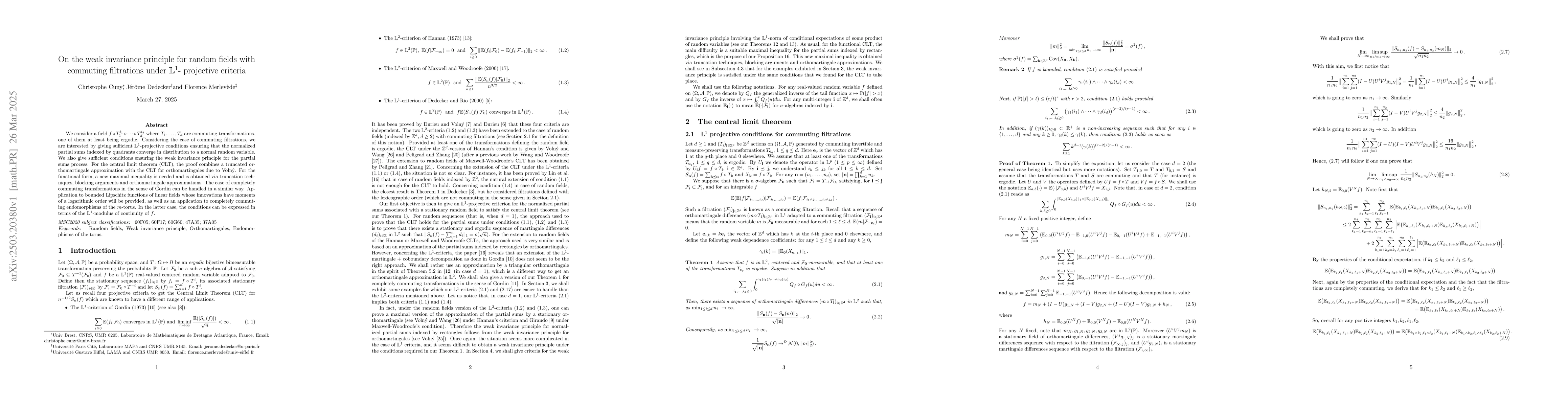 Thumbnail for On the weak invariance principle for random fields with commuting
  filtrations under L1-projective criteria
