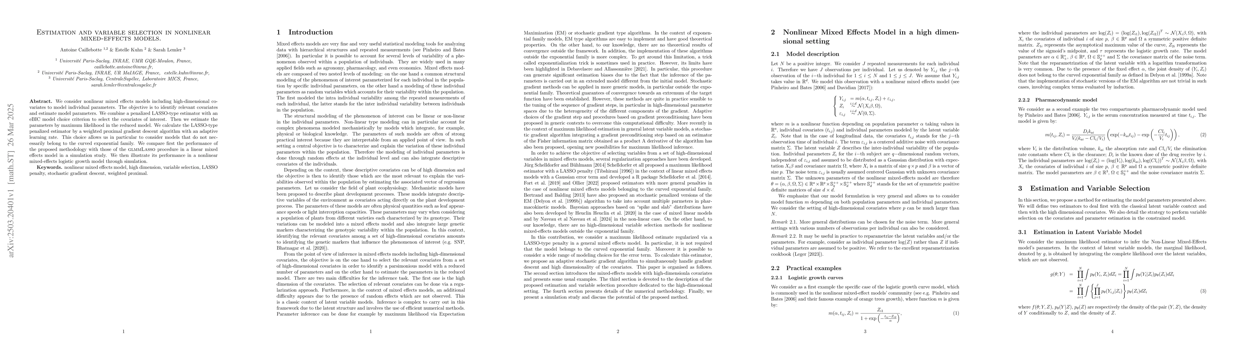Thumbnail for Estimation and variable selection in nonlinear mixed-effects models