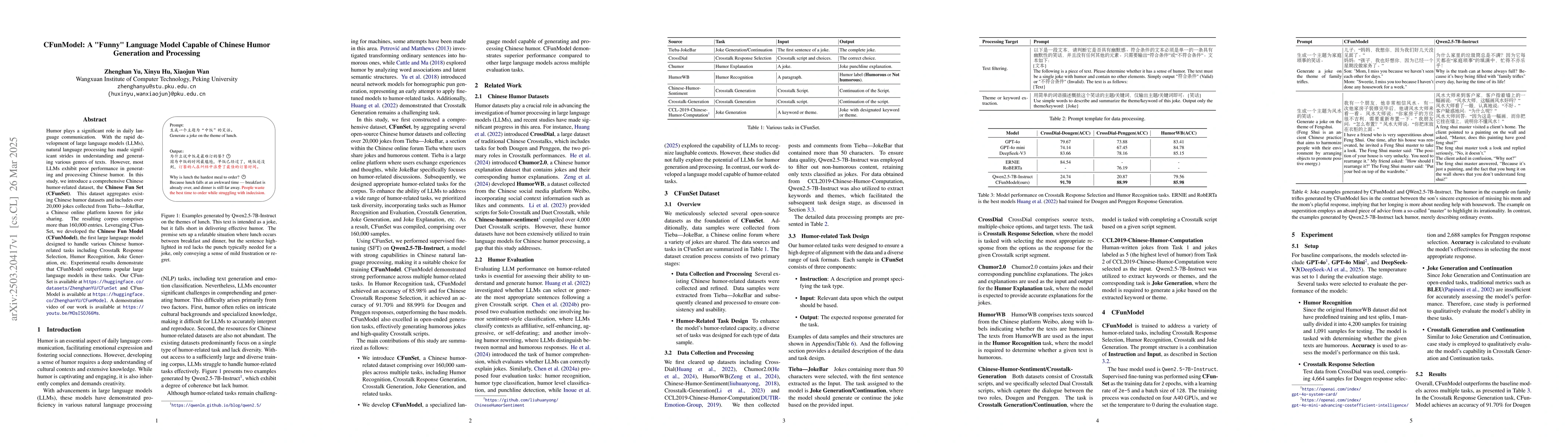 Thumbnail for CFunModel: A "Funny" Language Model Capable of Chinese Humor Generation
  and Processing
