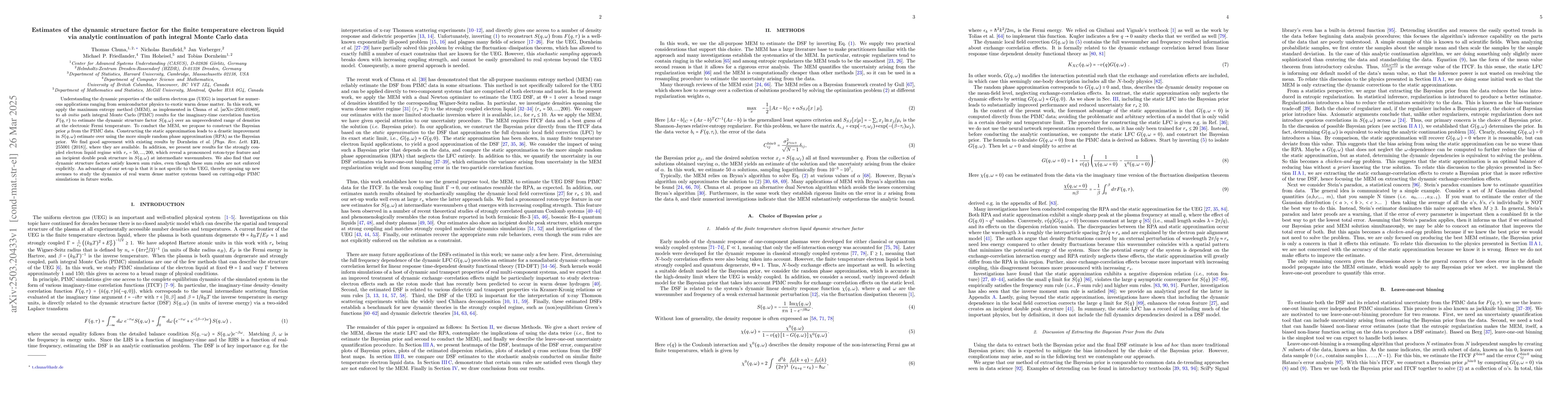 Thumbnail for Estimates of the dynamic structure factor for the finite temperature
  electron liquid via analytic continuation of path integral Monte Carlo data