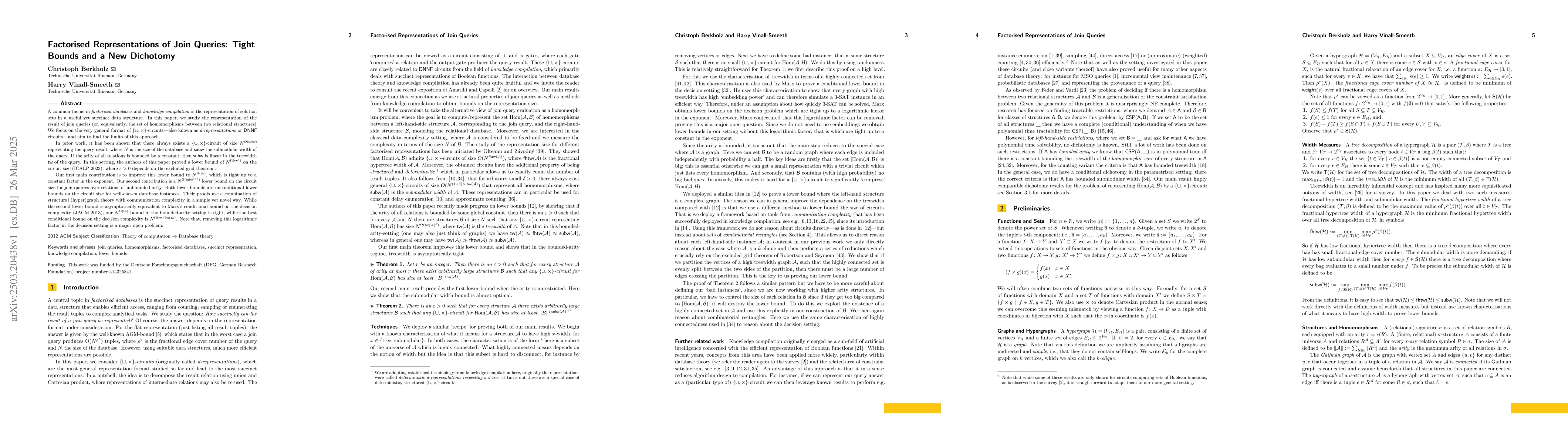 Thumbnail for Factorised Representations of Join Queries: Tight Bounds and a New
  Dichotomy