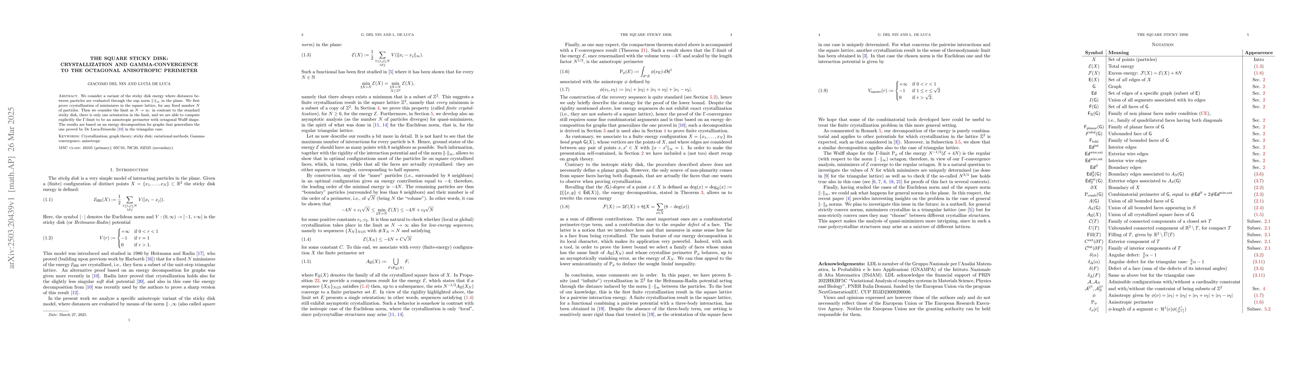 Thumbnail for The square sticky disk: crystallization and Gamma-convergence to the
  octagonal anisotropic perimeter