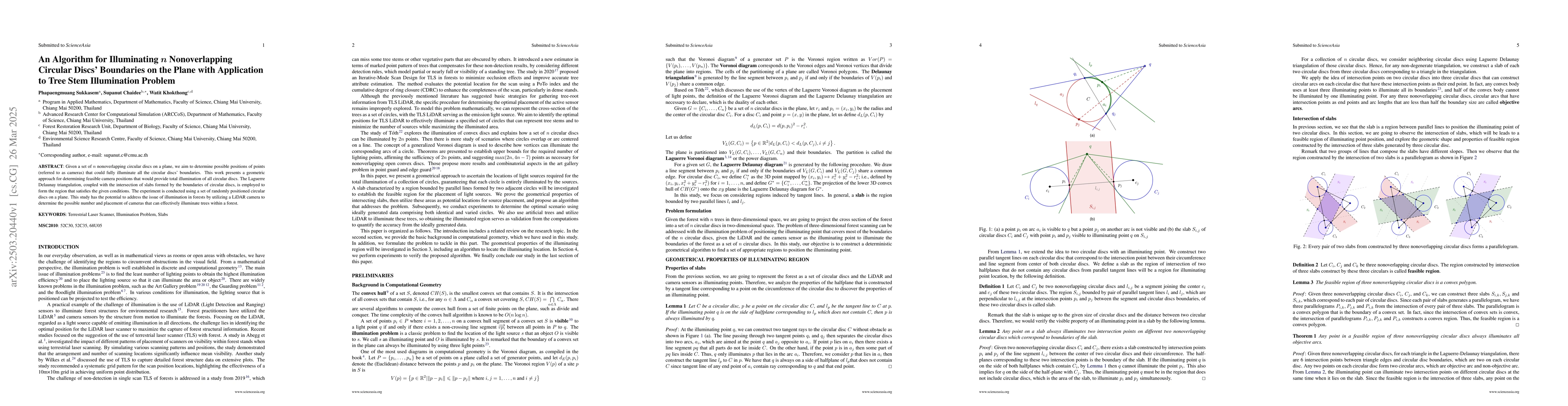 Thumbnail for An Algorithm for Illuminating $n$ Nonoverlapping Circular Discs'
  Boundaries on the Plane with Application to Tree Stem Illumination Problem