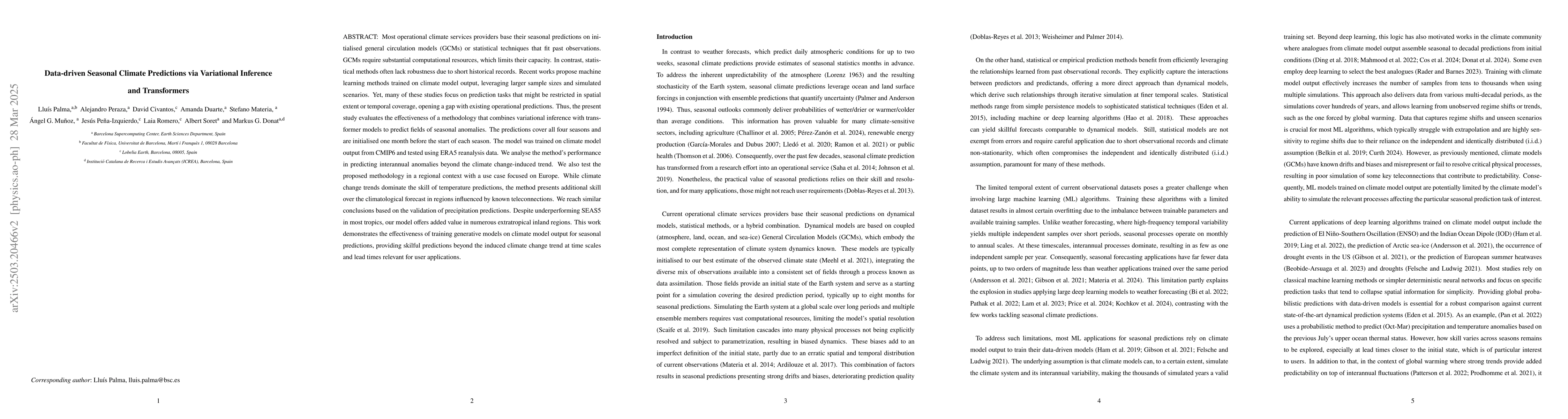 Thumbnail for Data-driven Seasonal Climate Predictions via Variational Inference and
  Transformers