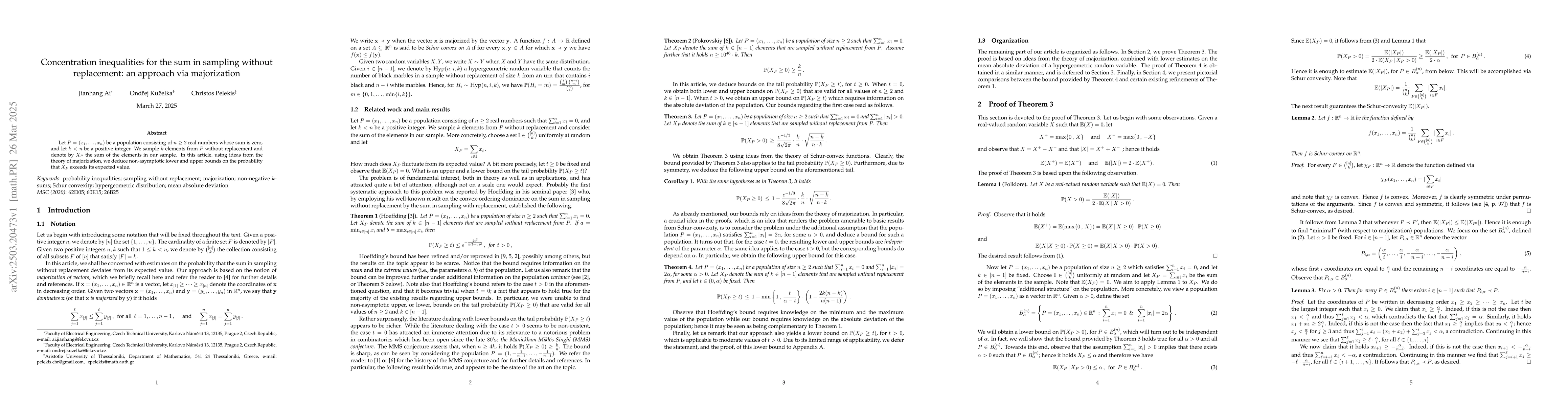 Thumbnail for Concentration inequalities for the sum in sampling without replacement:
  an approach via majorization