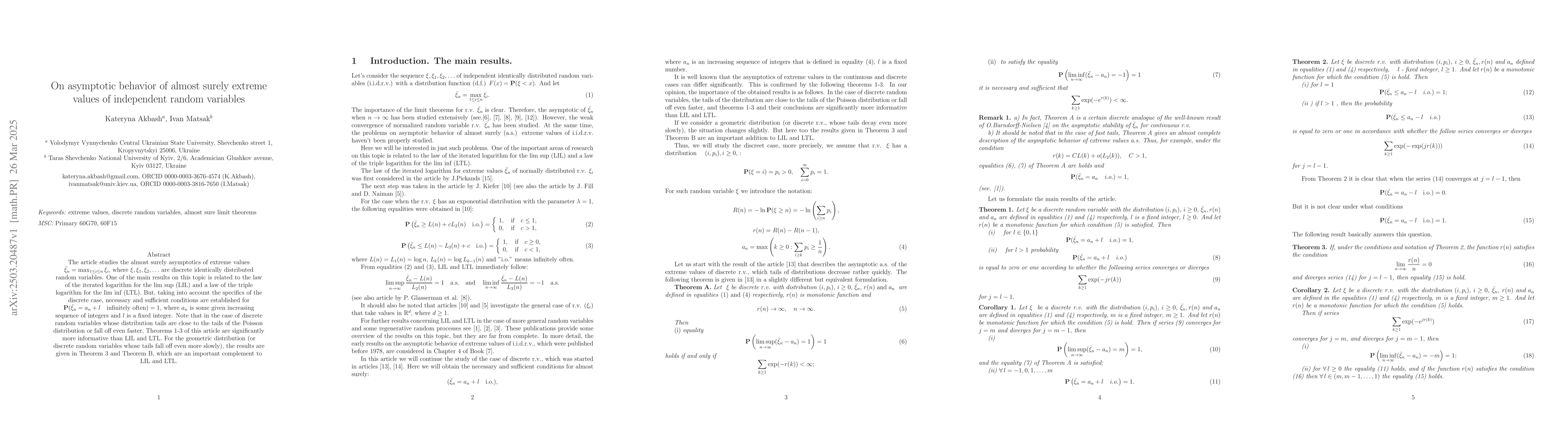 Thumbnail for On asymptotic behavior of almost surely extreme values of independent
  random variables