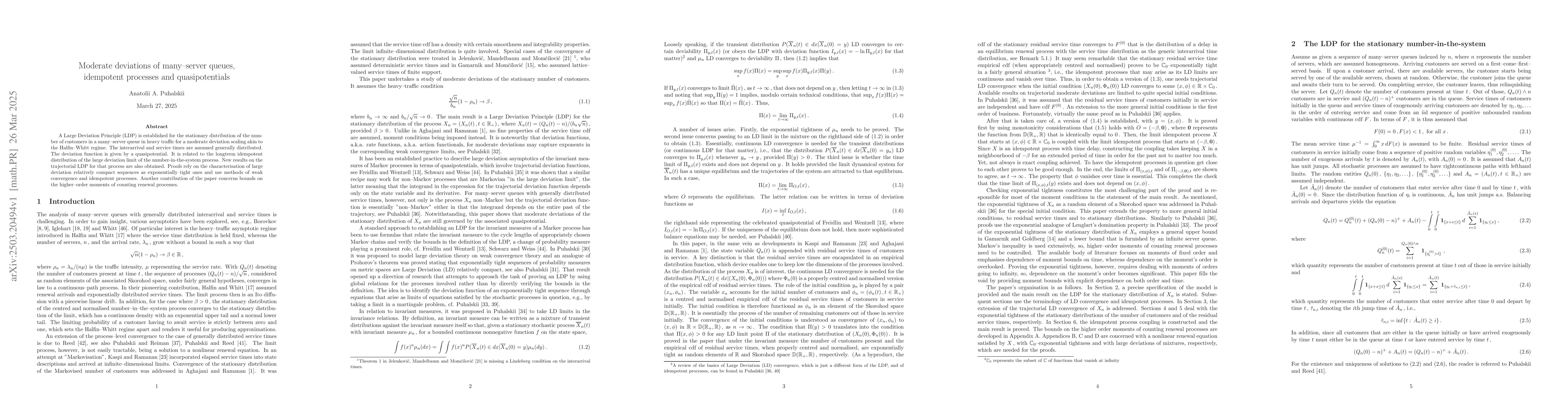 Thumbnail for Moderate deviations of many--server queues, idempotent processes and
  quasipotentials