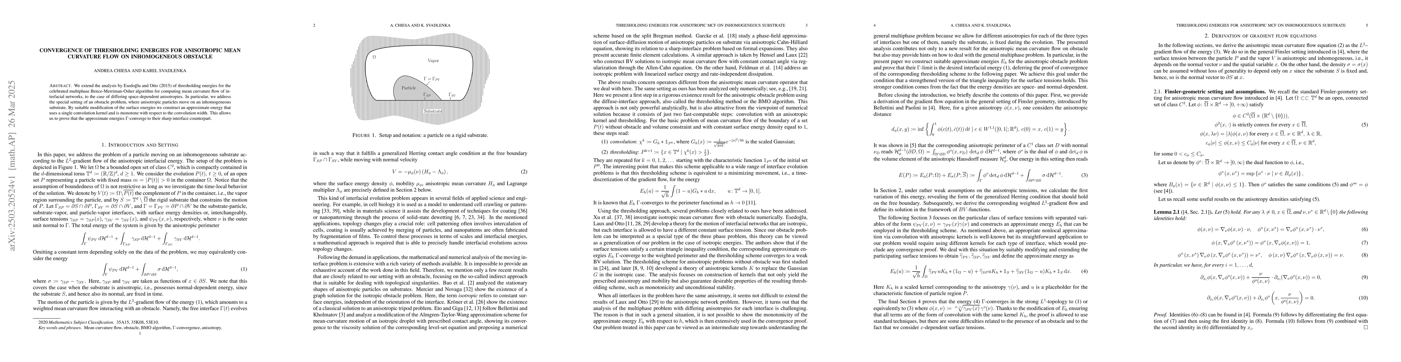 Thumbnail for Convergence of thresholding energies for anisotropic mean curvature flow
  on inhomogeneous obstacle