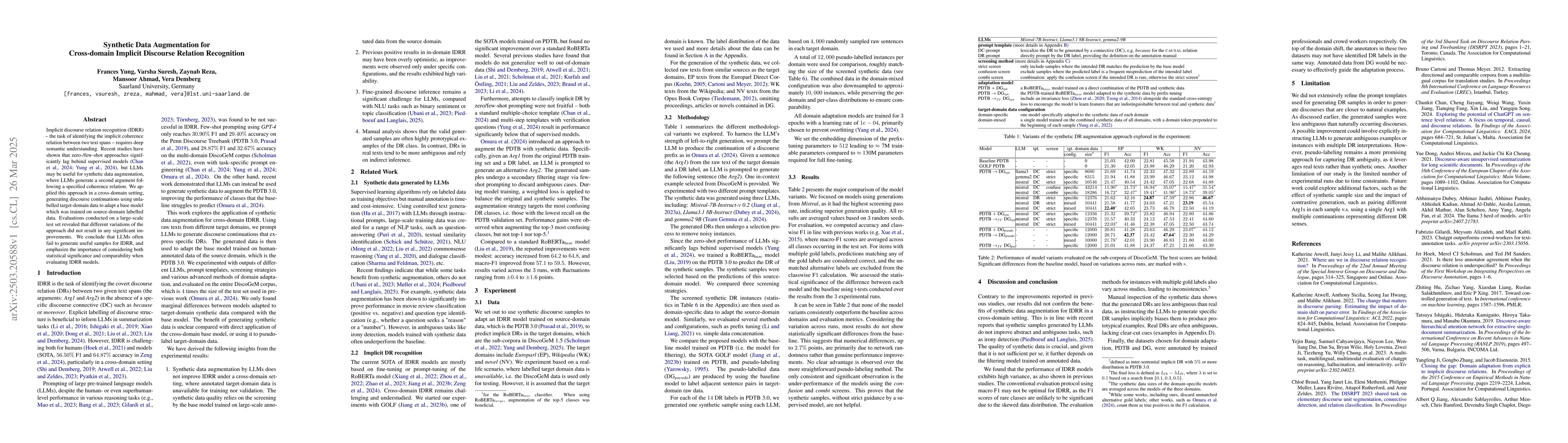 Thumbnail for Synthetic Data Augmentation for Cross-domain Implicit Discourse Relation
  Recognition