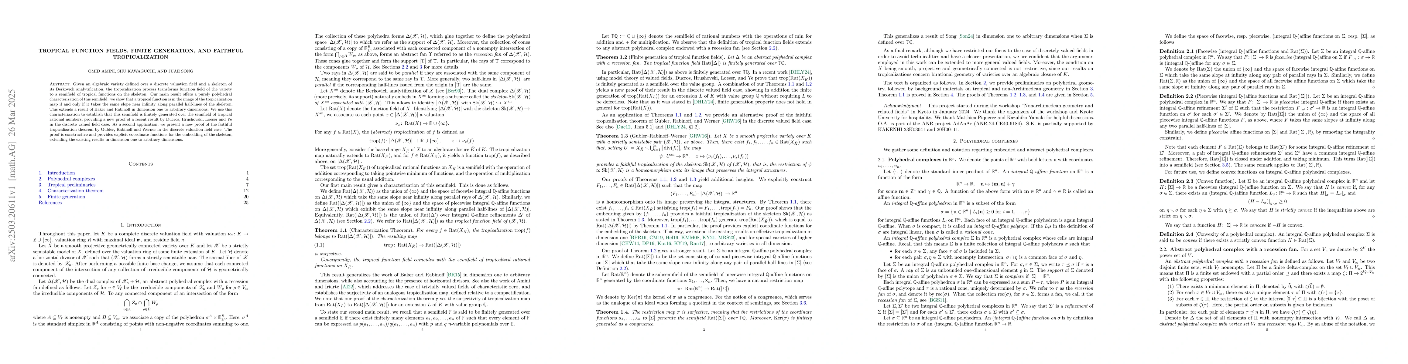 Thumbnail for Tropical function fields, finite generation, and faithful
  tropicalization