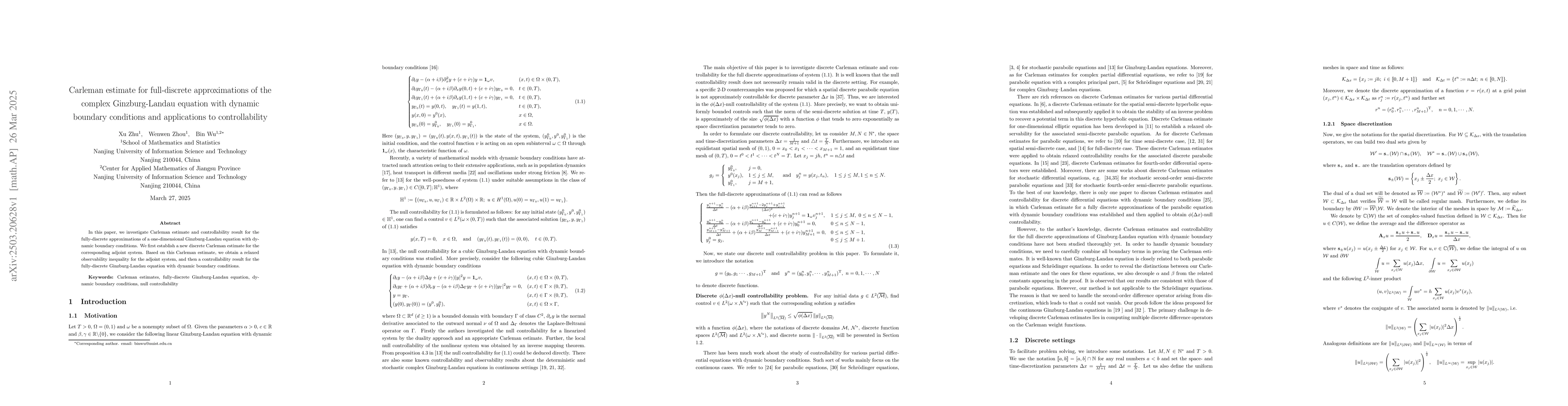 Thumbnail for Carleman estimate for full-discrete approximations of the complex
  Ginzburg-Landau equation with dynamic boundary conditions and applications to
  controllability