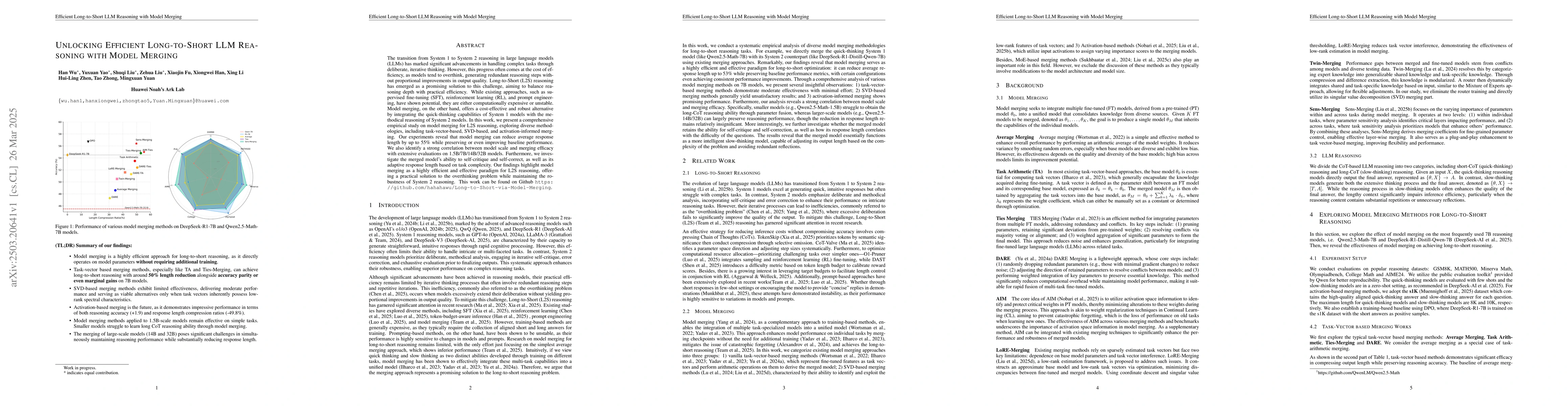 Thumbnail for Unlocking Efficient Long-to-Short LLM Reasoning with Model Merging