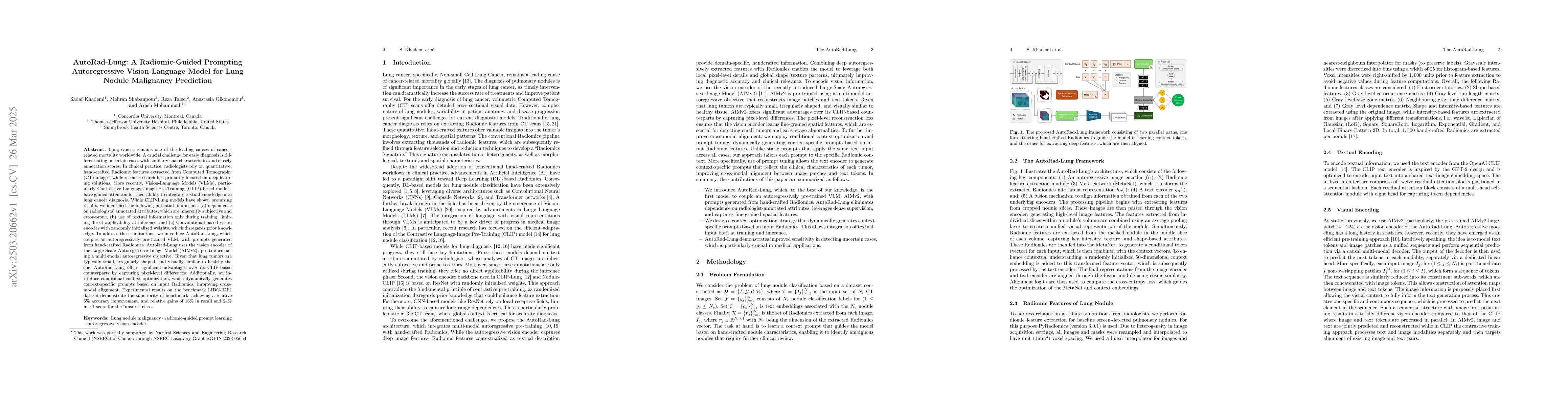 Thumbnail for AutoRad-Lung: A Radiomic-Guided Prompting Autoregressive Vision-Language
  Model for Lung Nodule Malignancy Prediction