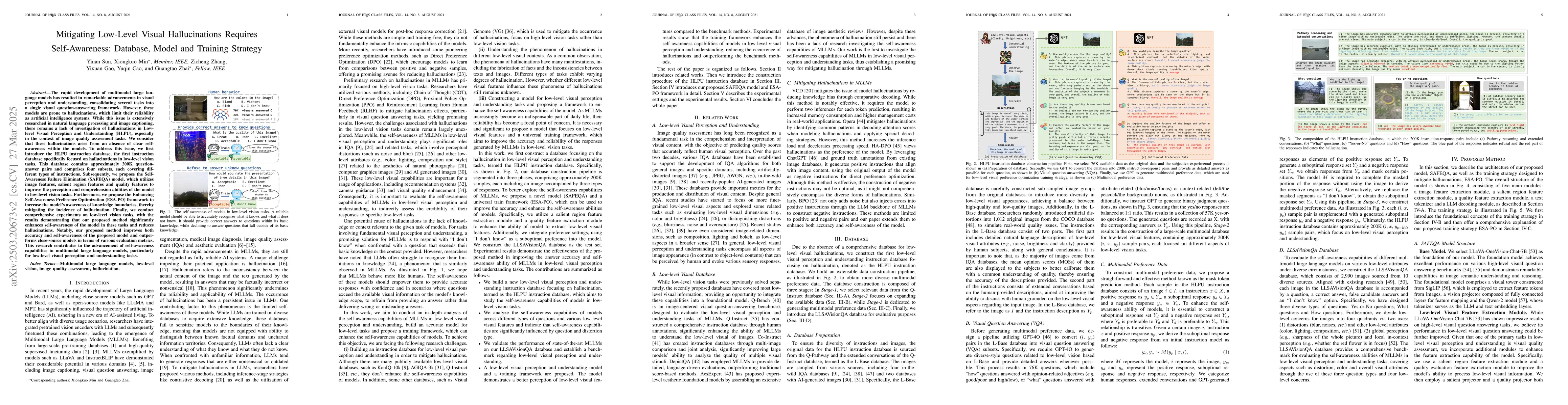 Thumbnail for Mitigating Low-Level Visual Hallucinations Requires Self-Awareness:
  Database, Model and Training Strategy