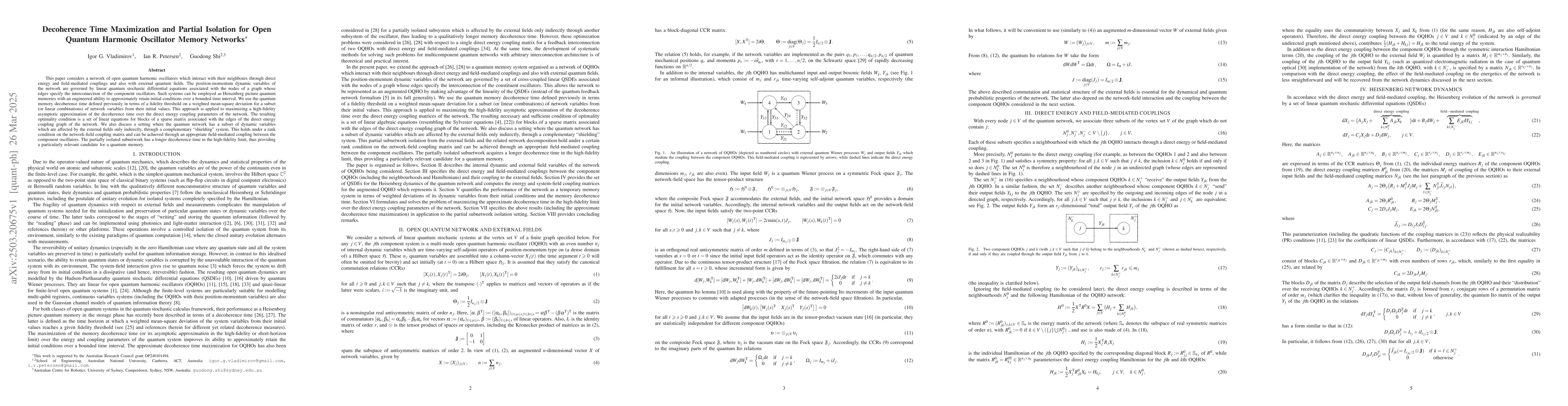 Thumbnail for Decoherence time maximization and partial isolation for open quantum
  harmonic oscillator memory networks