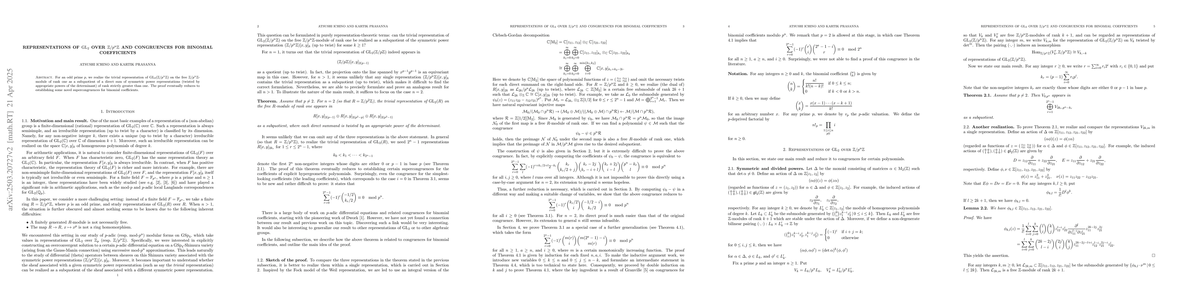 Thumbnail for Representations of $\mathrm{GL}_2$ over $\mathbb{Z}/p^n\mathbb{Z}$ and
  congruences for binomial coefficients