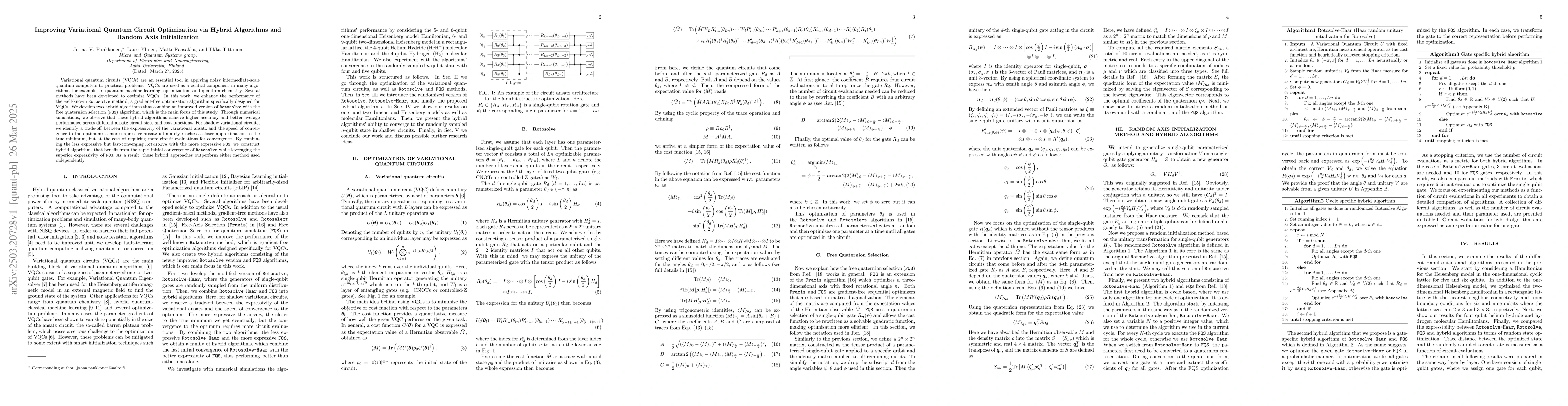 Thumbnail for Improving Variational Quantum Circuit Optimization via Hybrid Algorithms
  and Random Axis Initialization