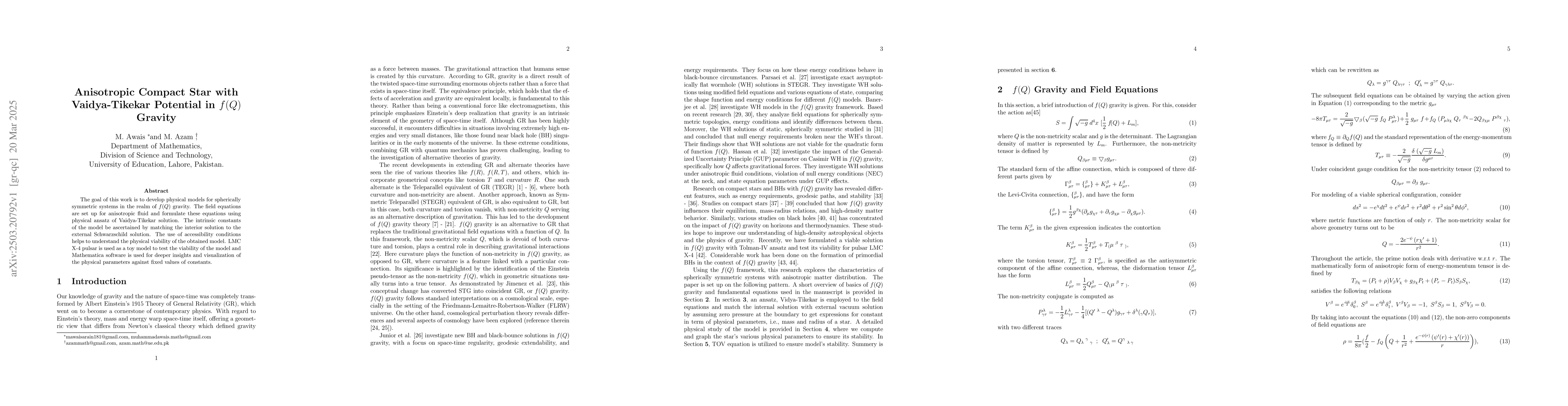 Thumbnail for Anisotropic Compact Star with Vaidya-Tikekar Potential in $f(Q)$ Gravity
