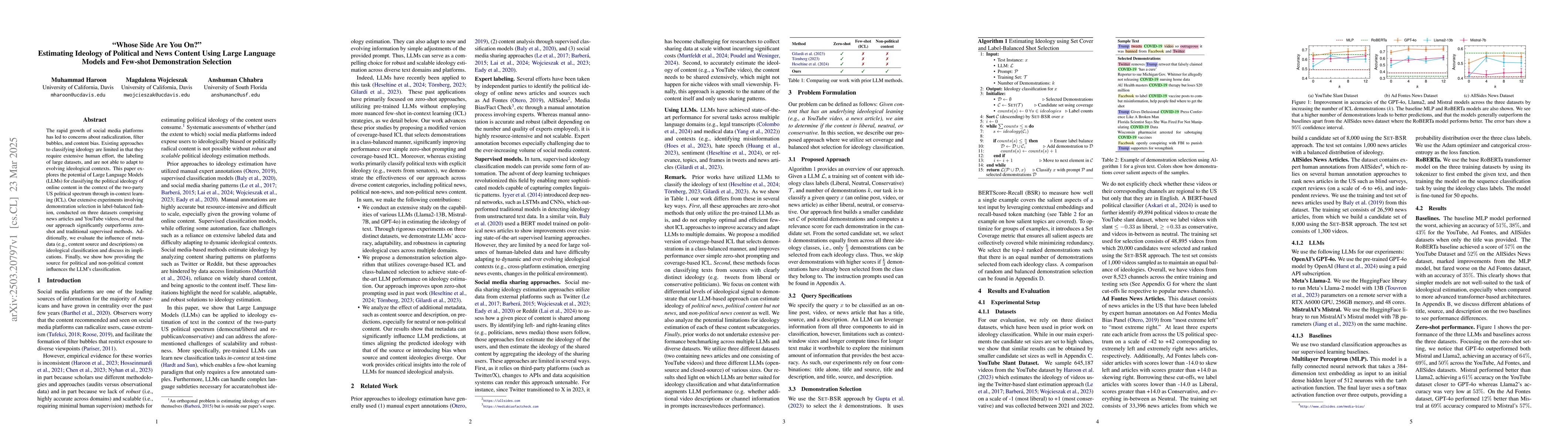 Thumbnail for "Whose Side Are You On?" Estimating Ideology of Political and News
  Content Using Large Language Models and Few-shot Demonstration Selection