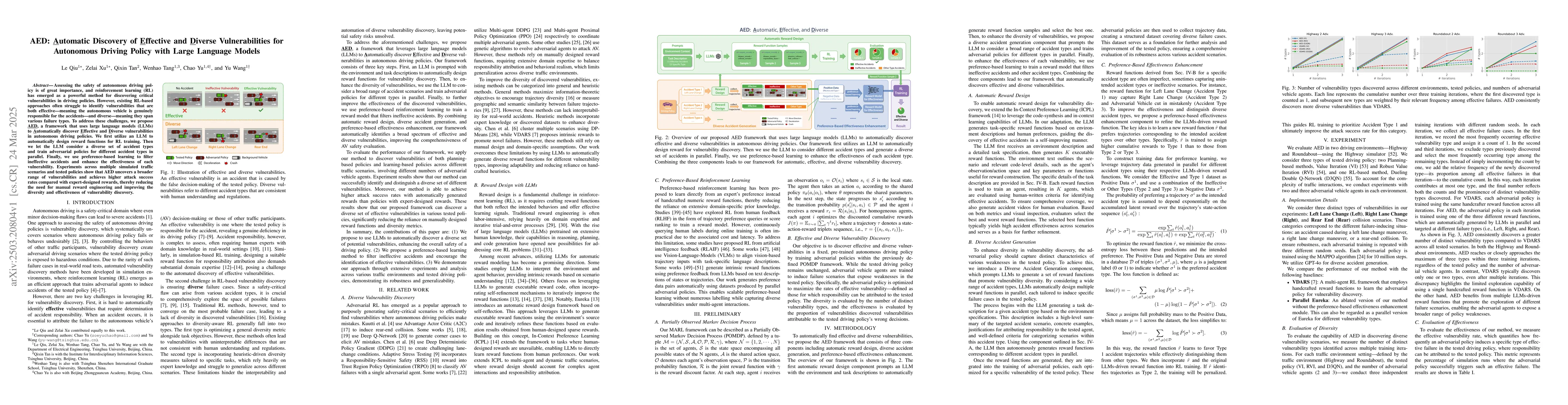 Thumbnail for AED: Automatic Discovery of Effective and Diverse Vulnerabilities for
  Autonomous Driving Policy with Large Language Models