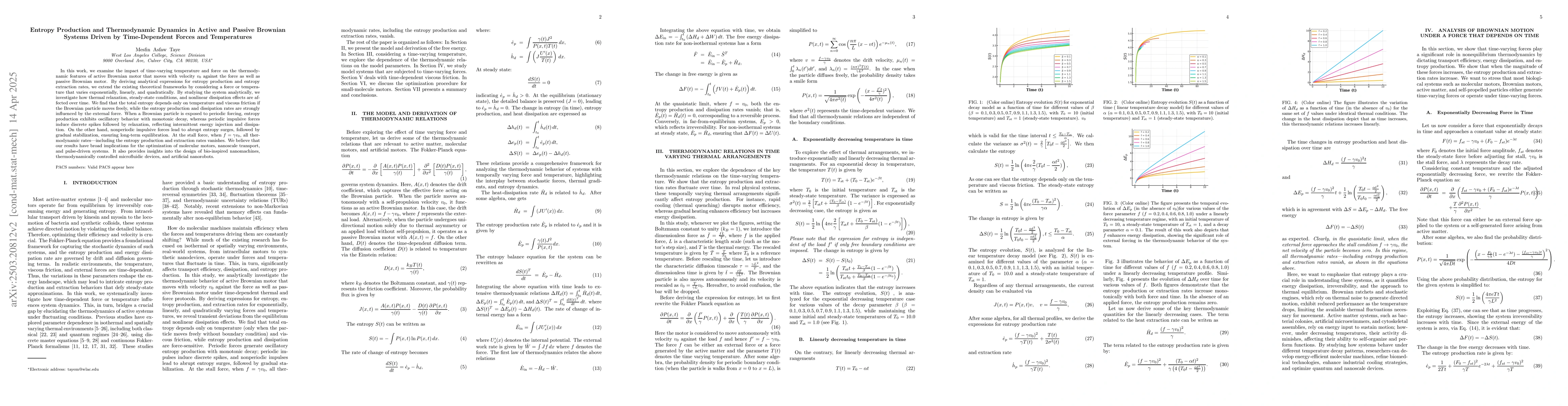 Thumbnail for Entropy Production and Thermodynamic Dynamics in Active and Passive
  Brownian Systems Driven by Time Dependent Forces and Temperatures