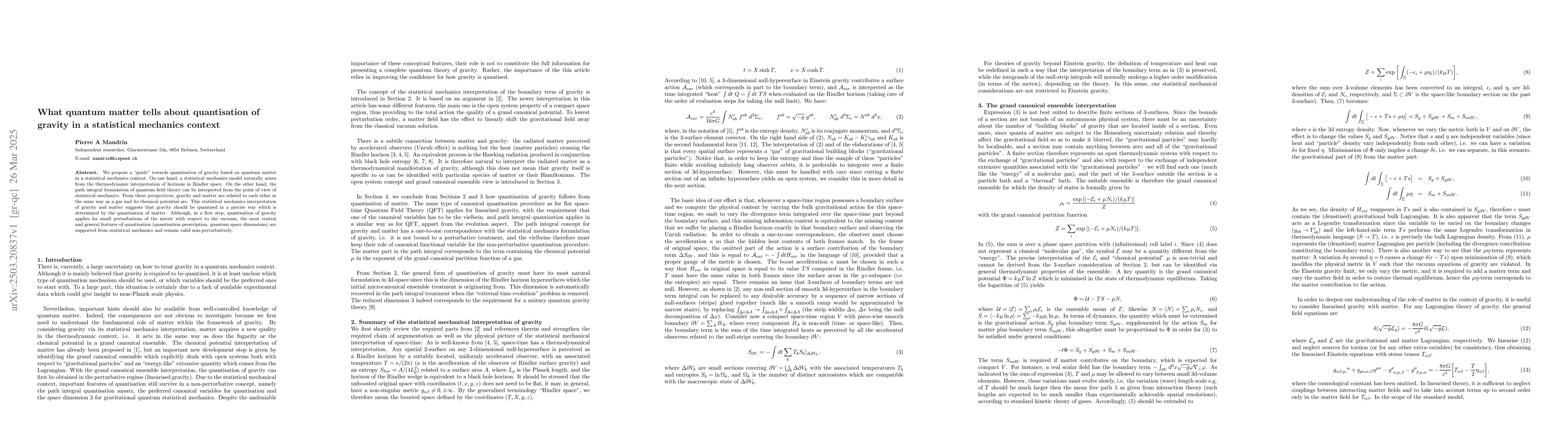 Thumbnail for What quantum matter tells about quantisation of gravity in a statistical
  mechanics context