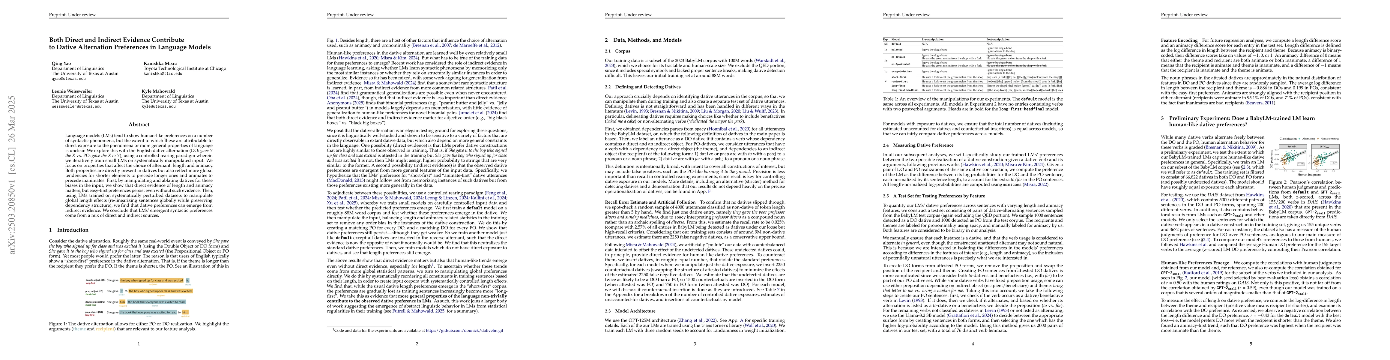Thumbnail for Both Direct and Indirect Evidence Contribute to Dative Alternation
  Preferences in Language Models