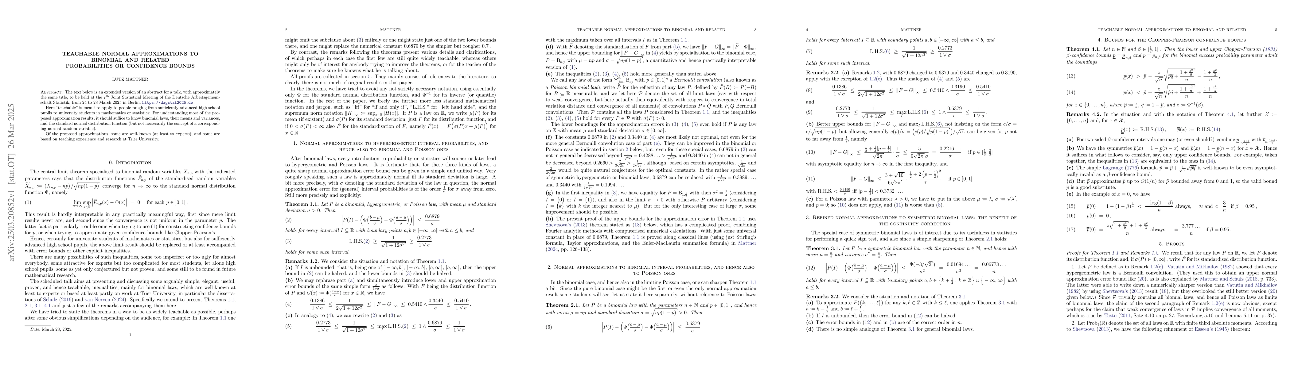 Thumbnail for Teachable normal approximations to binomial and related probabilities or
  confidence bounds
