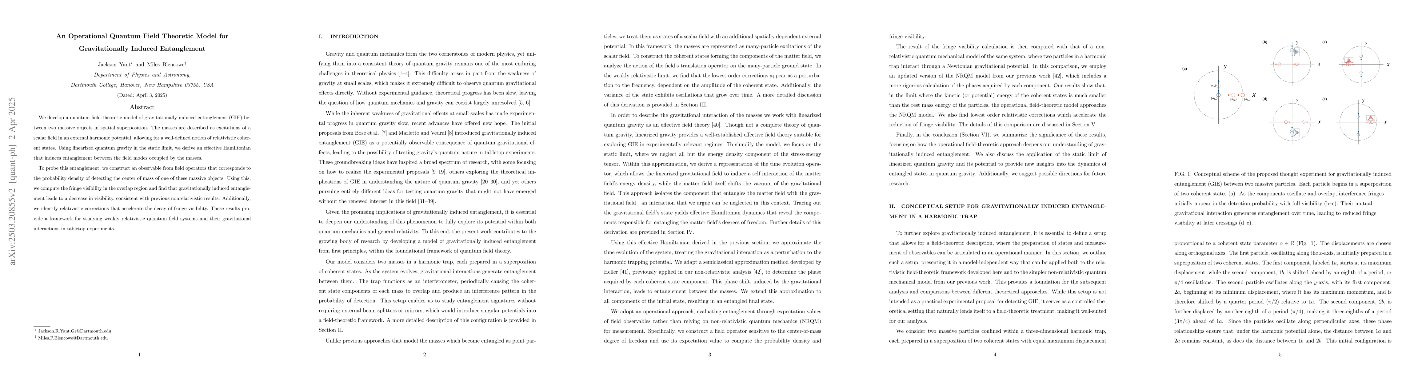 Thumbnail for An Operational Quantum Field Theoretic Model for Gravitationally Induced
  Entanglement