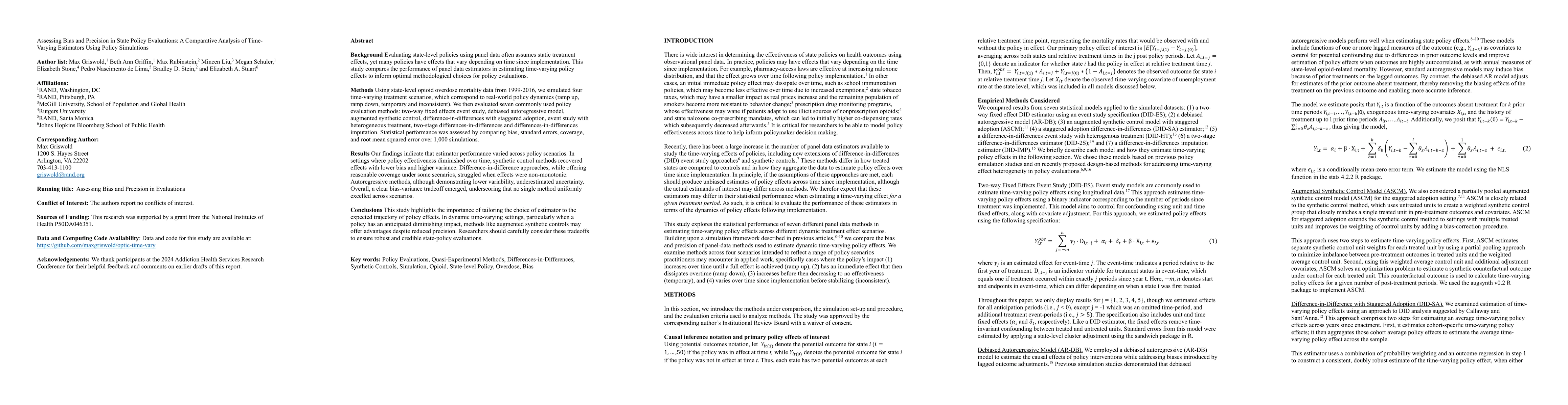 Thumbnail for Assessing Bias and Precision in State Policy Evaluations: A Comparative
  Analysis of Time-Varying Estimators Using Policy Simulations