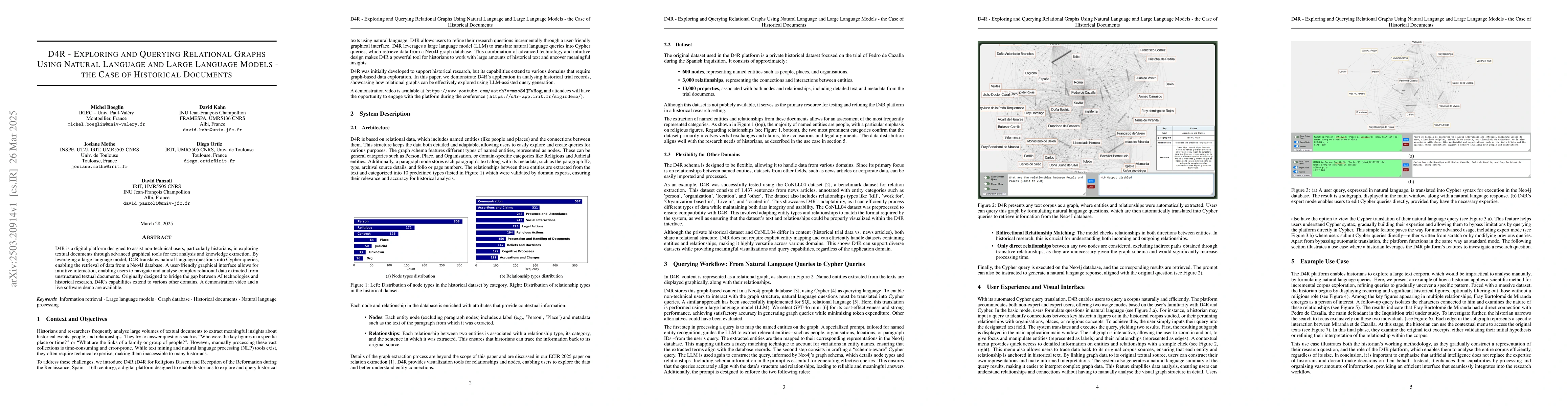 Thumbnail for D4R -- Exploring and Querying Relational Graphs Using Natural Language
  and Large Language Models -- the Case of Historical Documents