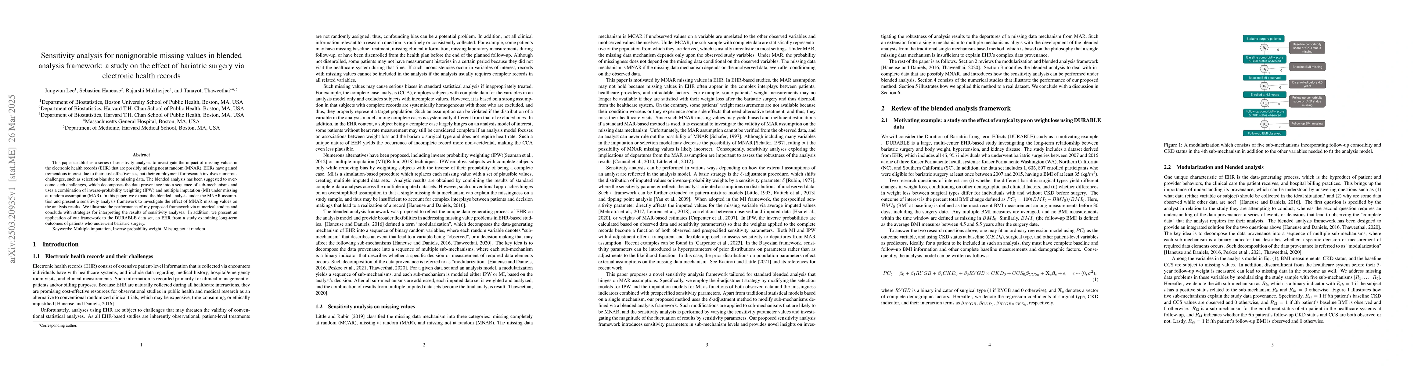 Thumbnail for Sensitivity analysis for nonignorable missing values in blended analysis
  framework: a study on the effect of bariatric surgery via electronic health
  records