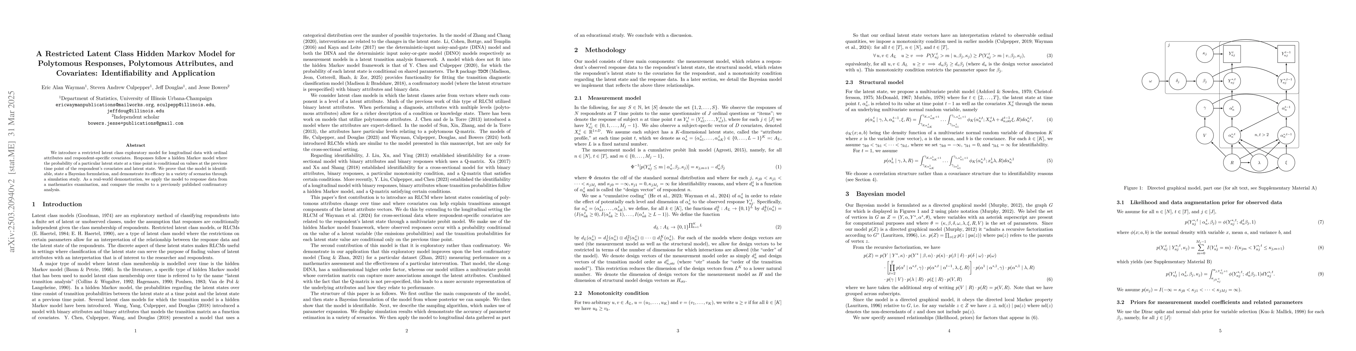 Thumbnail for A Restricted Latent Class Hidden Markov Model for Polytomous Responses,
  Polytomous Attributes, and Covariates: Identifiability and Application
