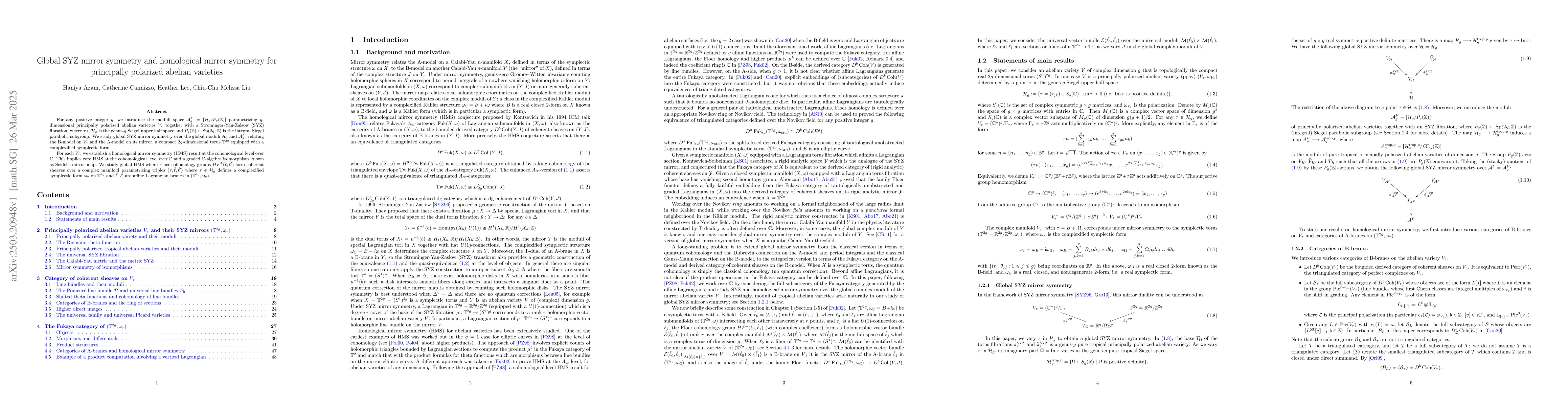 Thumbnail for Global SYZ mirror symmetry and homological mirror symmetry for
  principally polarized abelian varieties