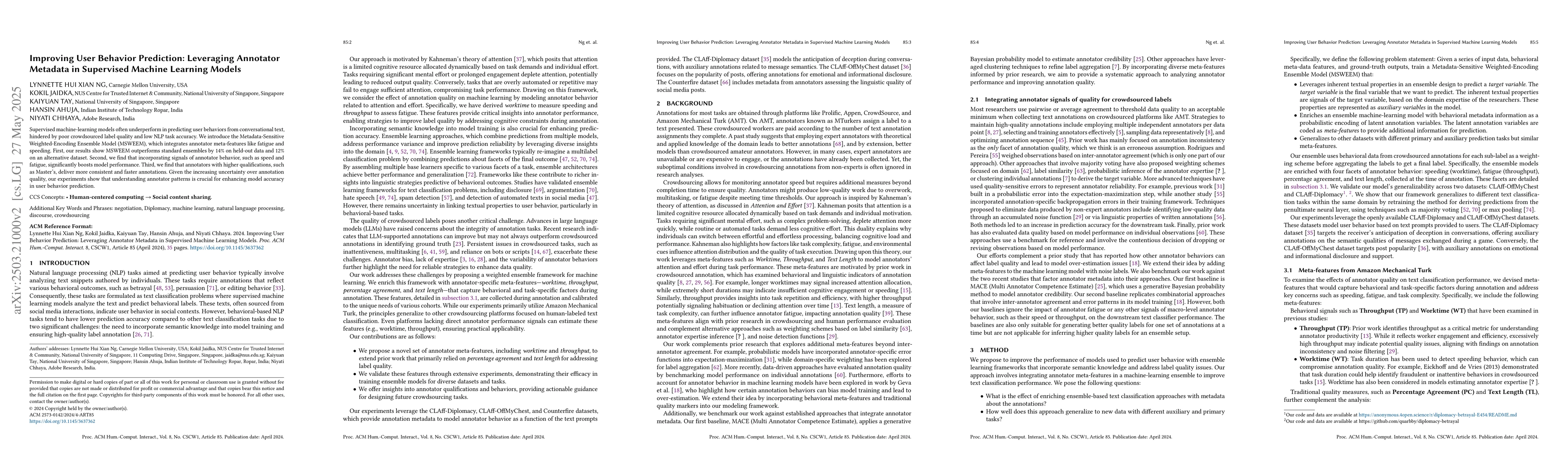 Thumbnail for Improving User Behavior Prediction: Leveraging Annotator Metadata in
  Supervised Machine Learning Models