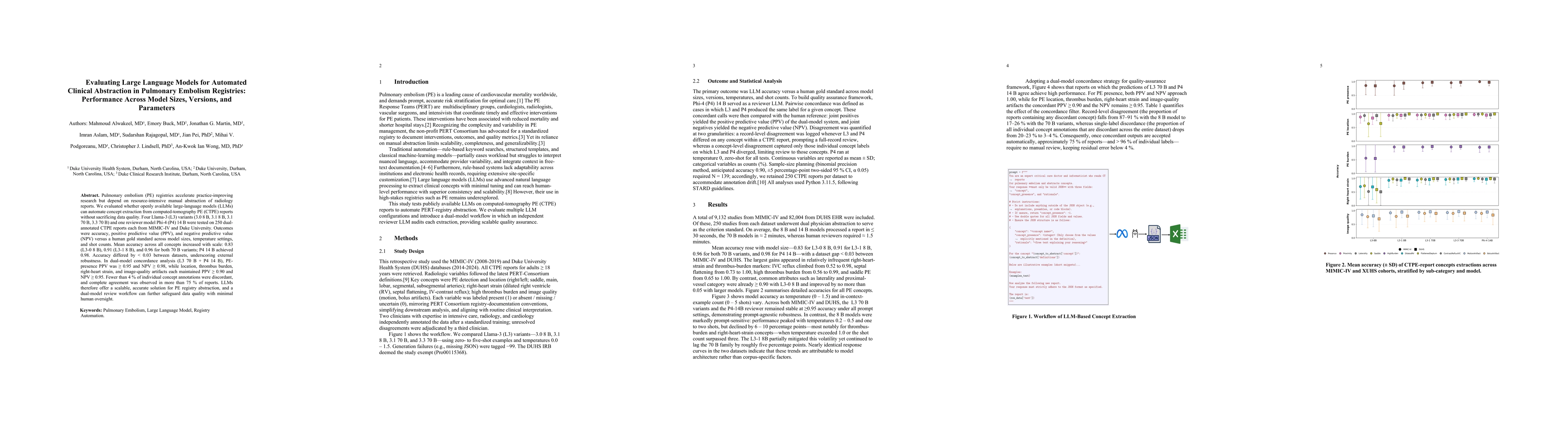 Thumbnail for Evaluating Large Language Models for Automated Clinical Abstraction in
  Pulmonary Embolism Registries: Performance Across Model Sizes, Versions, and
  Parameters